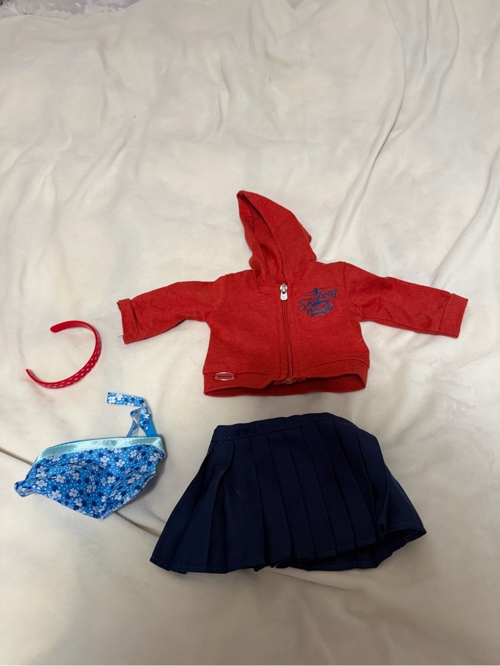 American Girl Truly Me Red Hooded Doll Jacket with Navy Pleated Skirt 4 Piece